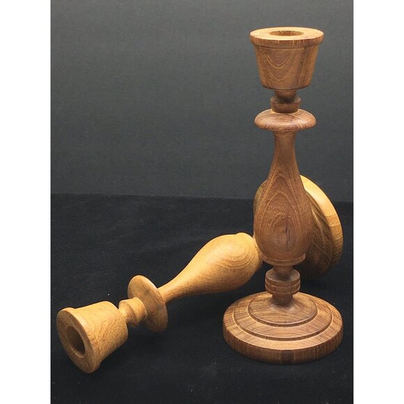 Vintage Hand Turned Wooden Candlesticks Taper Holders Two-Toned 7.5" Tall - Picture 10 of 16
